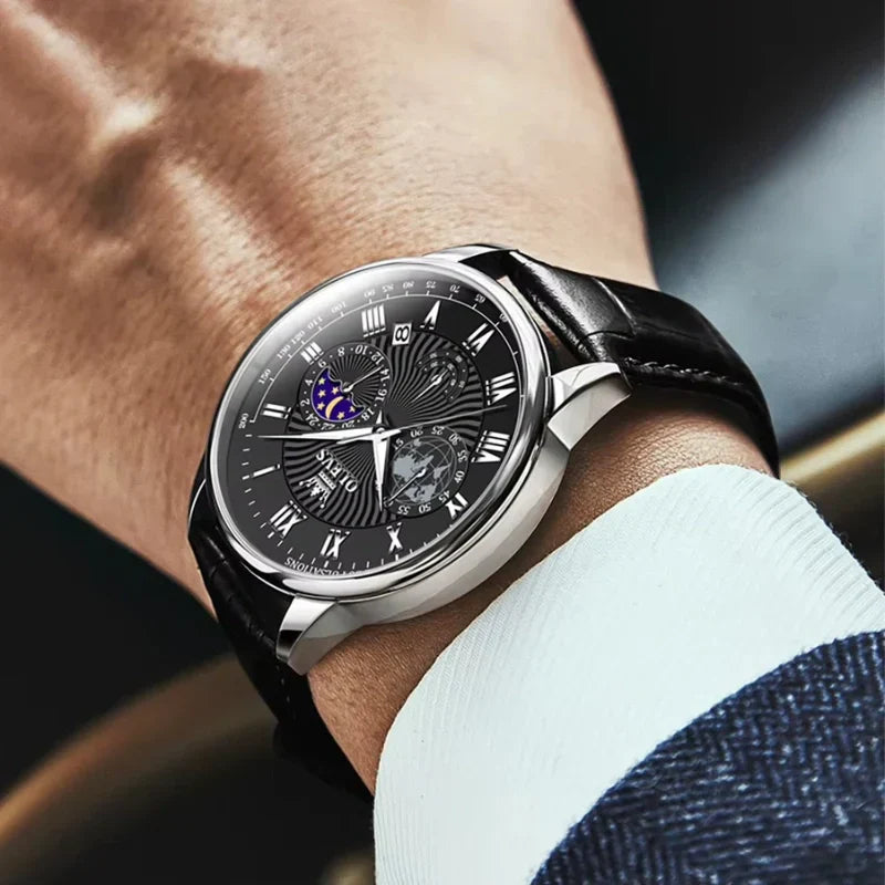 Montre Phase de Lune – Cadran Noir, Élégance Classique